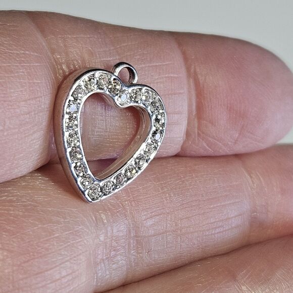 Silver Tone Open Heart Clear Rhinestone Dainty Charm Pendant - Picture 3 of 9